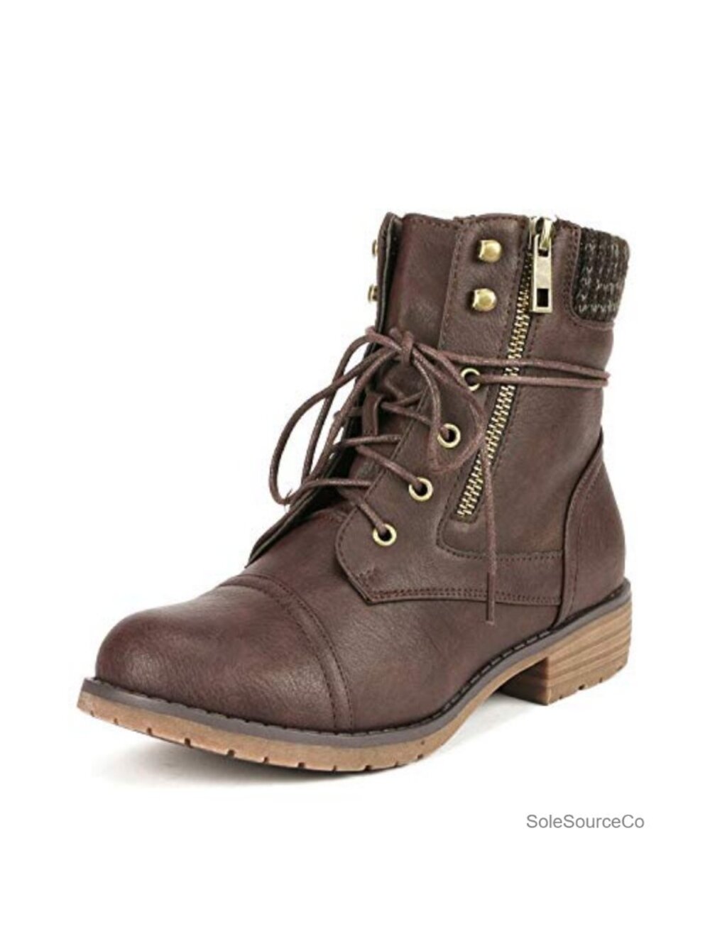 Faux Leather Lace Up Combat Ankle Boots Low Heel Zip